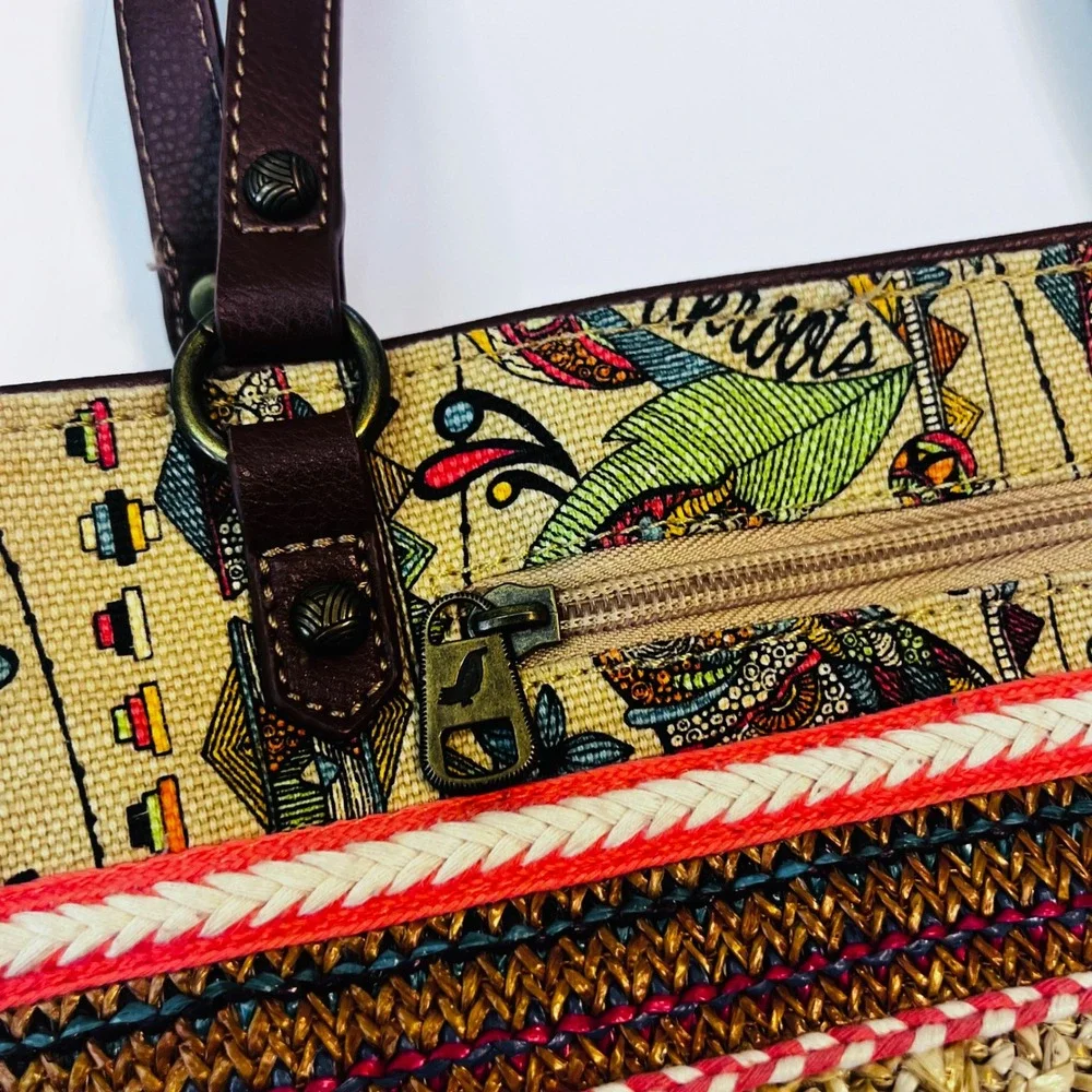 Sakroots Straw Satchel Bag Multicolor Print Tassels Boho Crossbody‎ Tote
